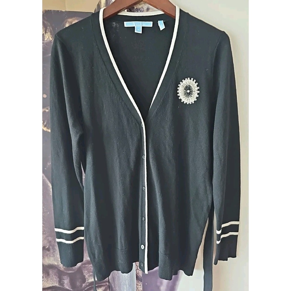 DRAPER JAMES Women's Belted V Neck Button Front Preppy Cardigan Sweater Size M - Picture 2 of 6